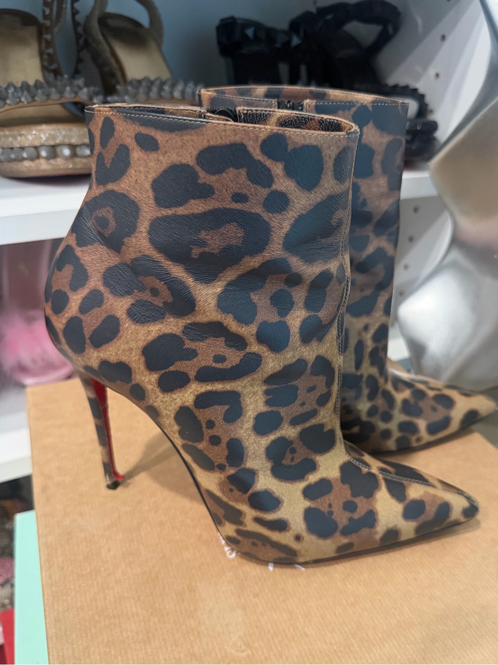 Leopard Print Stiletto Ankle Boots - Brown - Picture 2 of 6